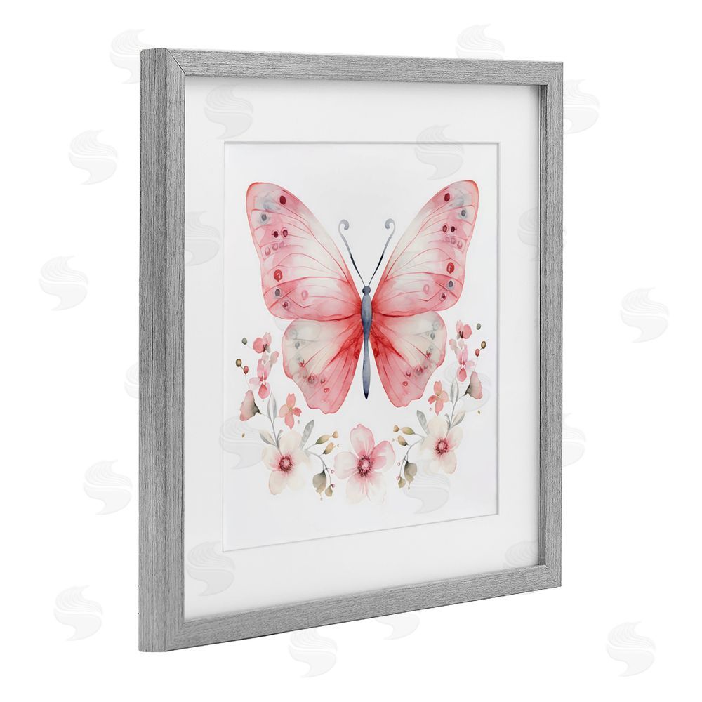 Creative Studio Pink Symmetrical Butterfly Florals Gray Framed Print Under Glass Wall Art