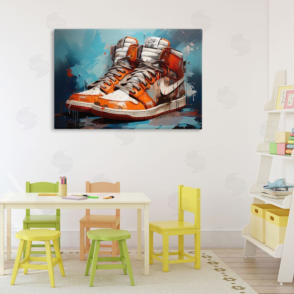 Creative Studio Red & White Sneakers Splash Stretched Canvas Wall Art Print in Room