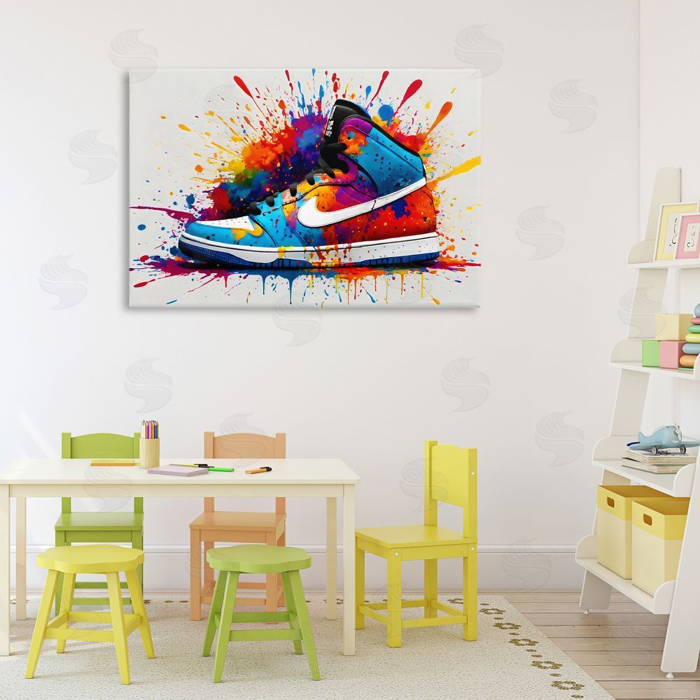 Creative Studio Centric Sneaker Splash Stretched Canvas Wall Art in Room