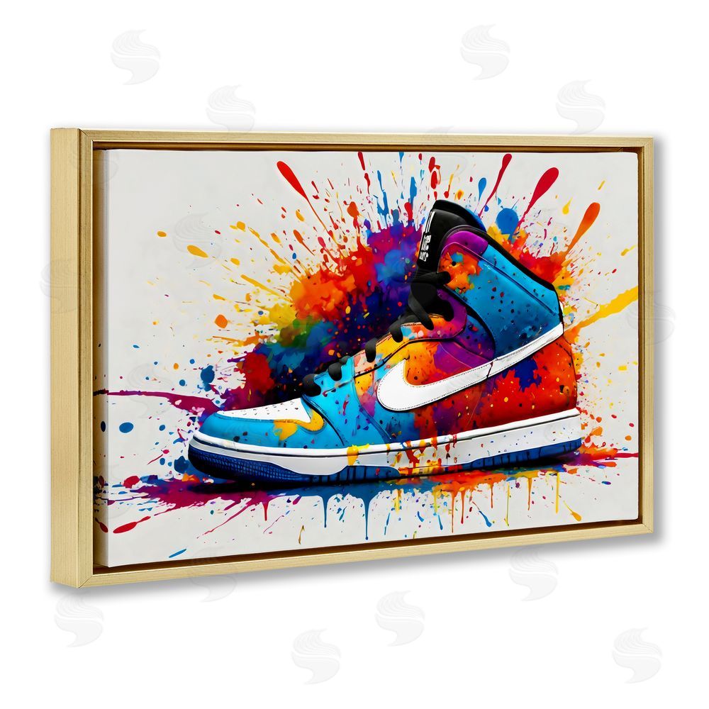 Creative Studio Centric Sneaker Splash Gold Floating Frame Canvas Wall Art Print
