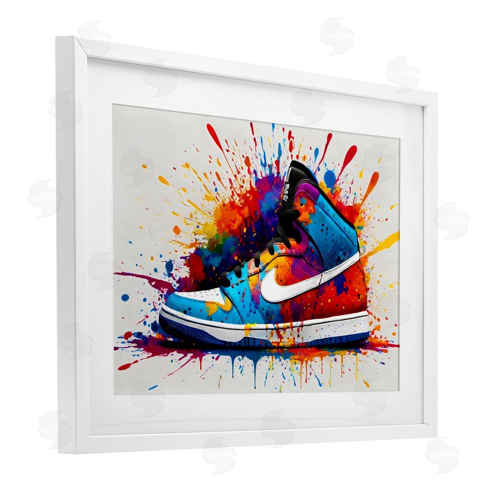 Creative Studio Centric Sneaker Splash White Framed Print Under Glass Wall Art