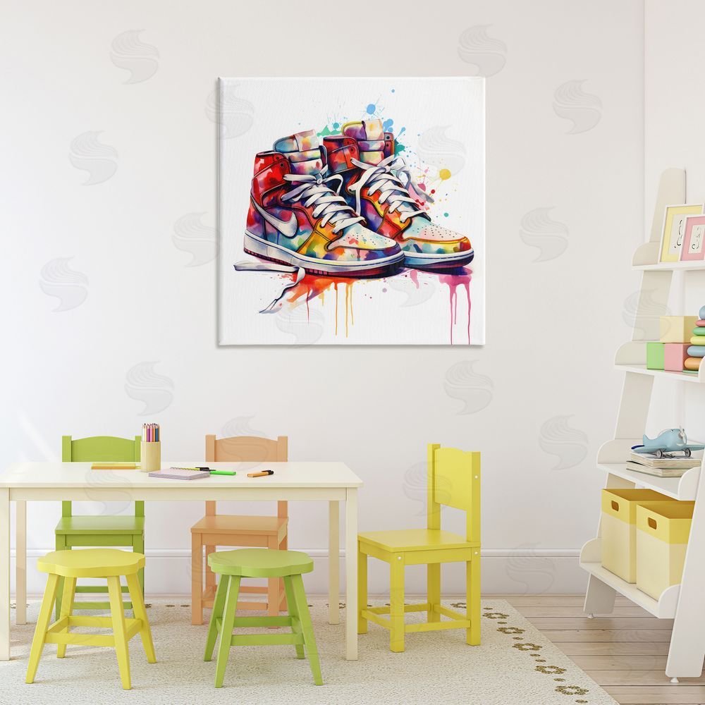 Creative Studio Sneakers with Watercolor Drip Stretched Canvas Wall Art Print in Room