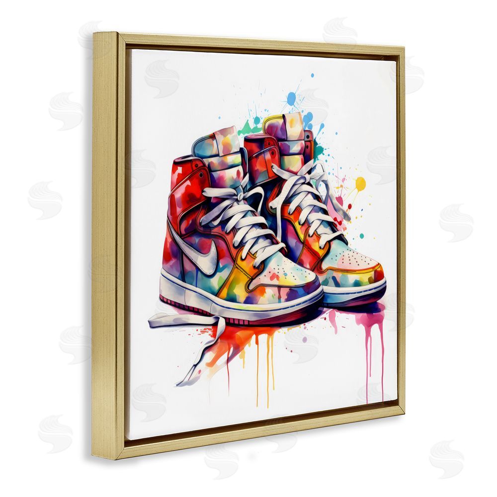 Creative Studio Sneakers with Watercolor Drip Gold Floating Frame Canvas Wall Art Print