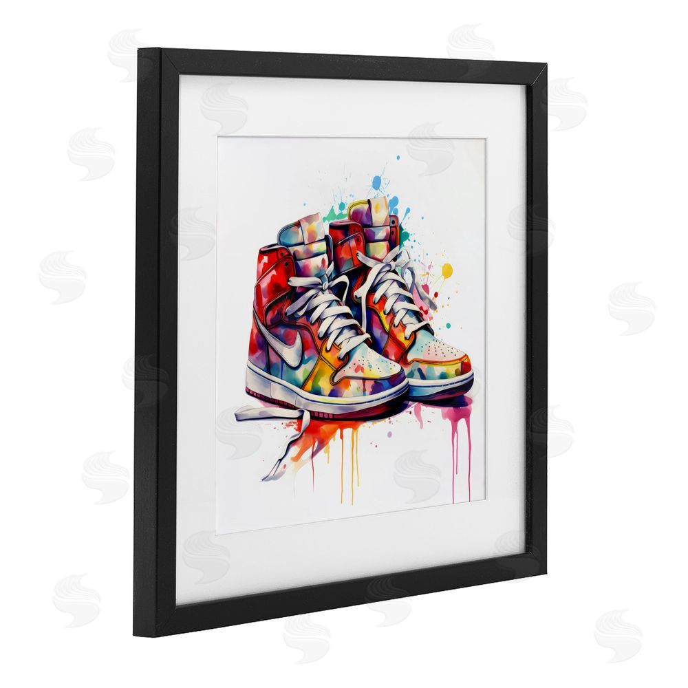 Creative Studio Sneakers with Watercolor Drip Black Framed Print Under Glass Wall Art