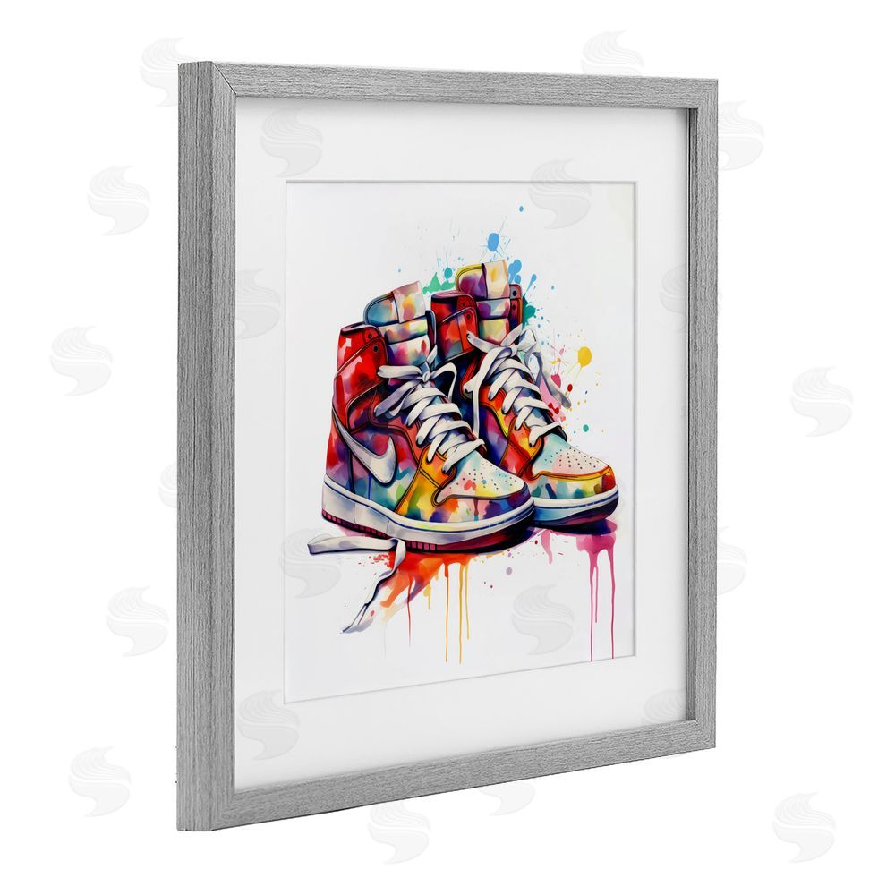 Creative Studio Sneakers with Watercolor Drip Gray Framed Print Under Glass Wall Art