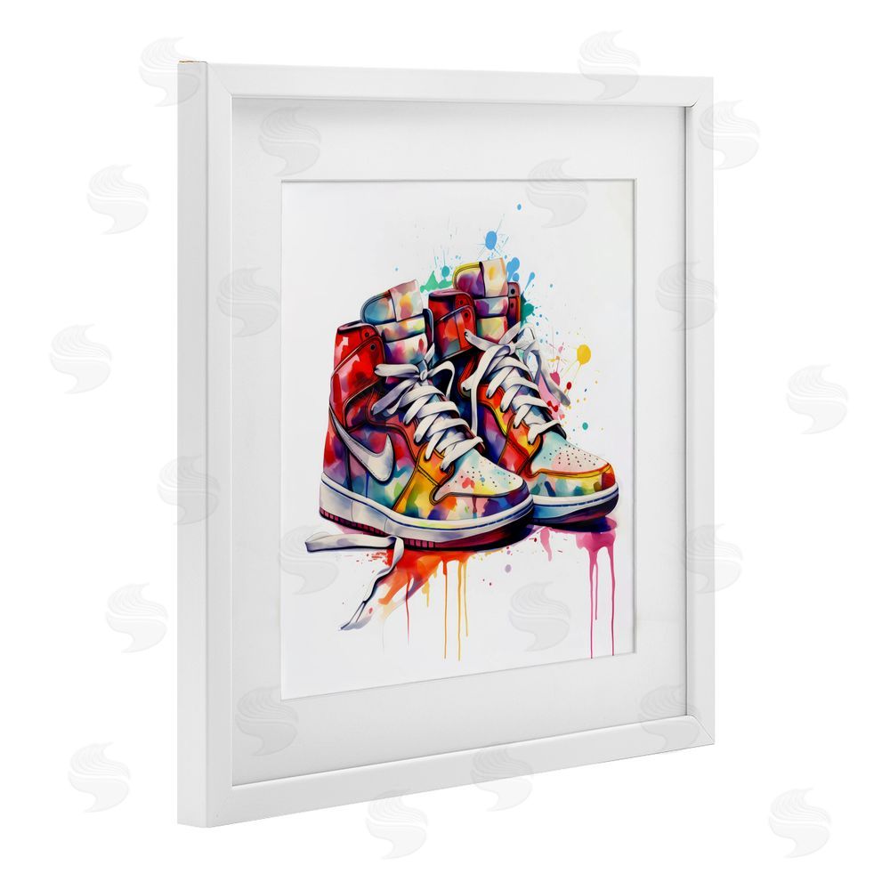 Creative Studio Sneakers with Watercolor Drip White Framed Print Under Glass Wall Art
