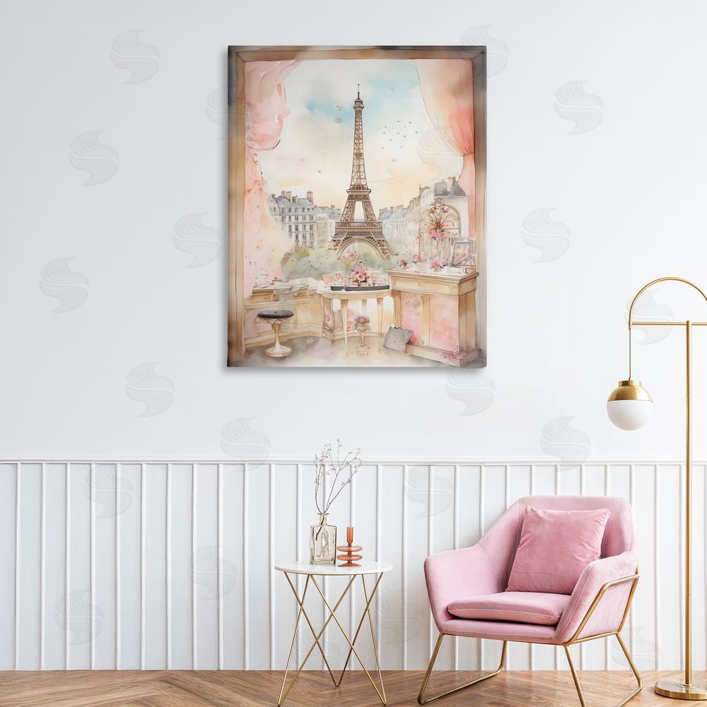 Creative Studio Eiffel Tower Window View Stretched Canvas Wall Art in Room