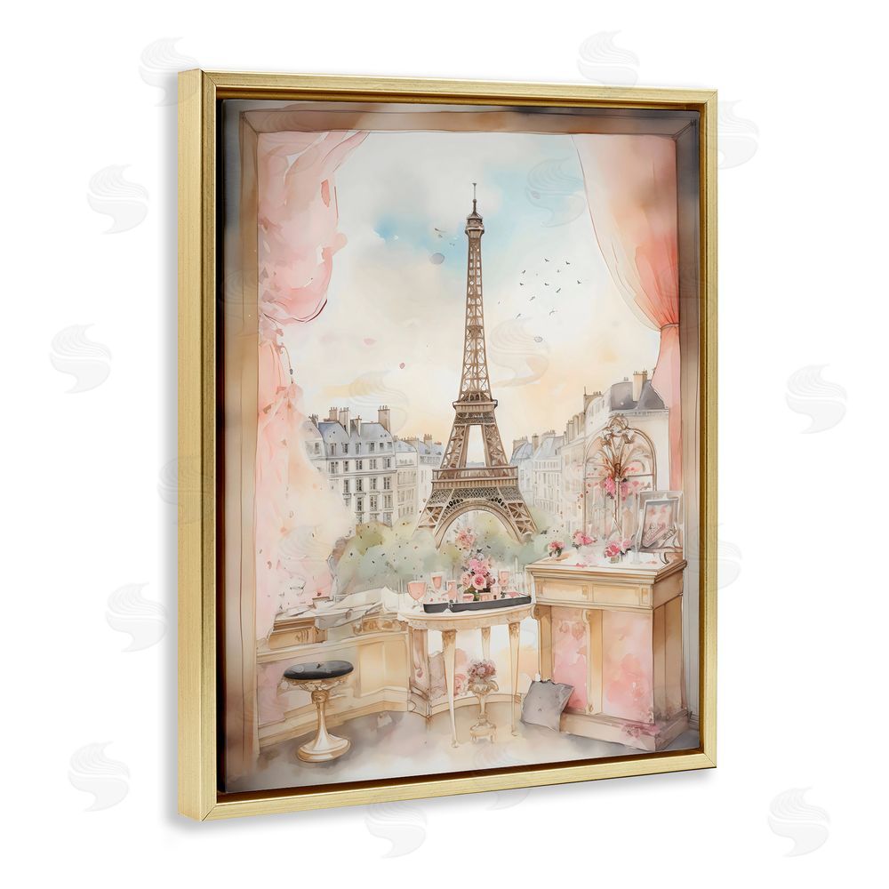 Creative Studio Eiffel Tower Window View Gold Floating Frame Canvas Wall Art