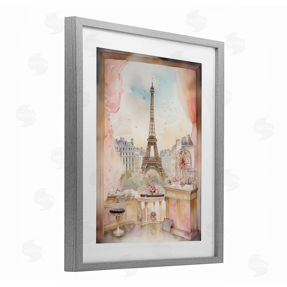 Creative Studio Eiffel Tower Window View Gray Framed Print Under Glass with Mat Wall Art