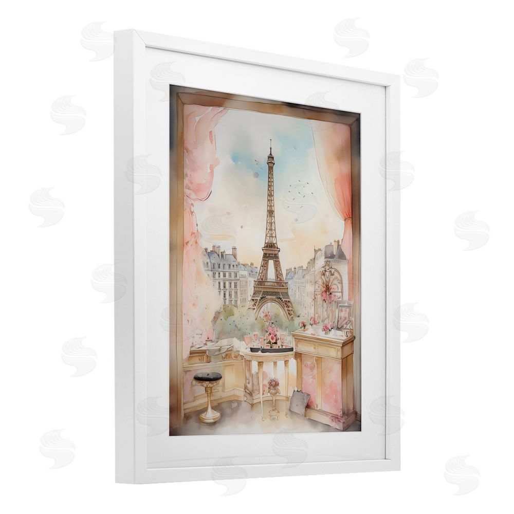 Creative Studio Eiffel Tower Window View White Framed Print Under Glass with Mat Wall Art