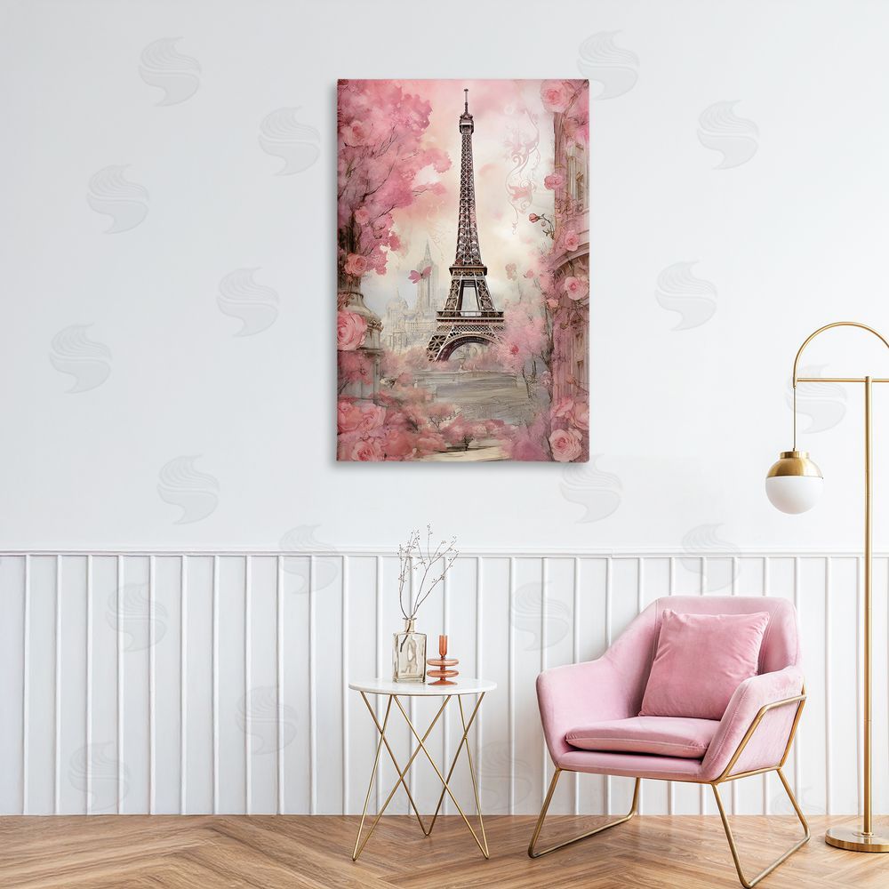 Creative Studio Paris City View in Bloom Stretched Canvas Wall Art Print in Room