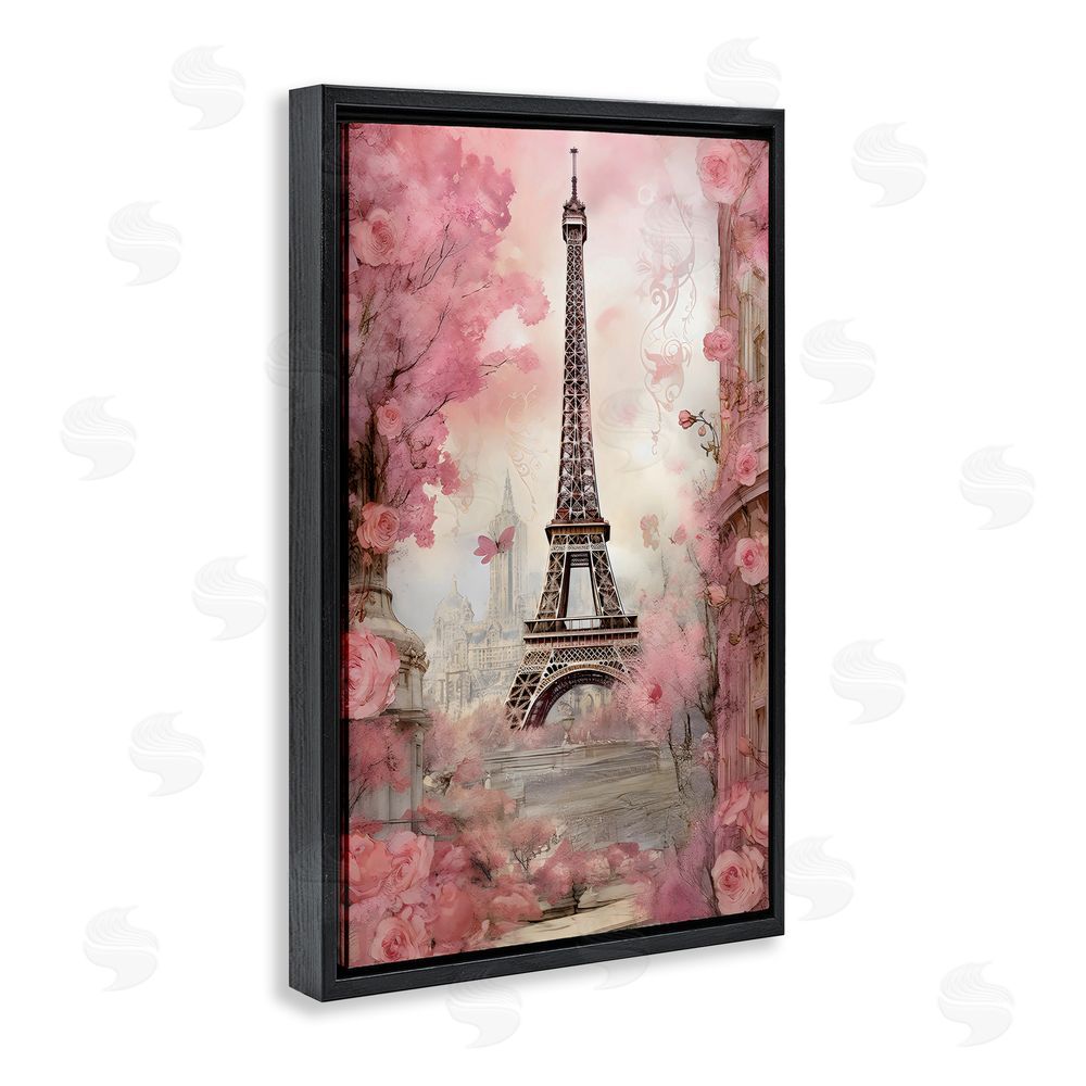 Creative Studio Paris City View in Bloom Black Floating Frame Canvas Wall Art Print