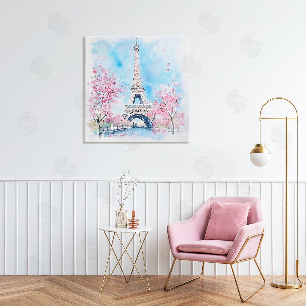Creative Studio Eiffel Tower Cherry Blossoms Stretched Canvas Wall Art in Room