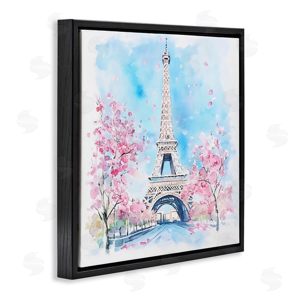 Creative Studio Eiffel Tower Cherry Blossoms Black Floating Frame Canvas Wall Art