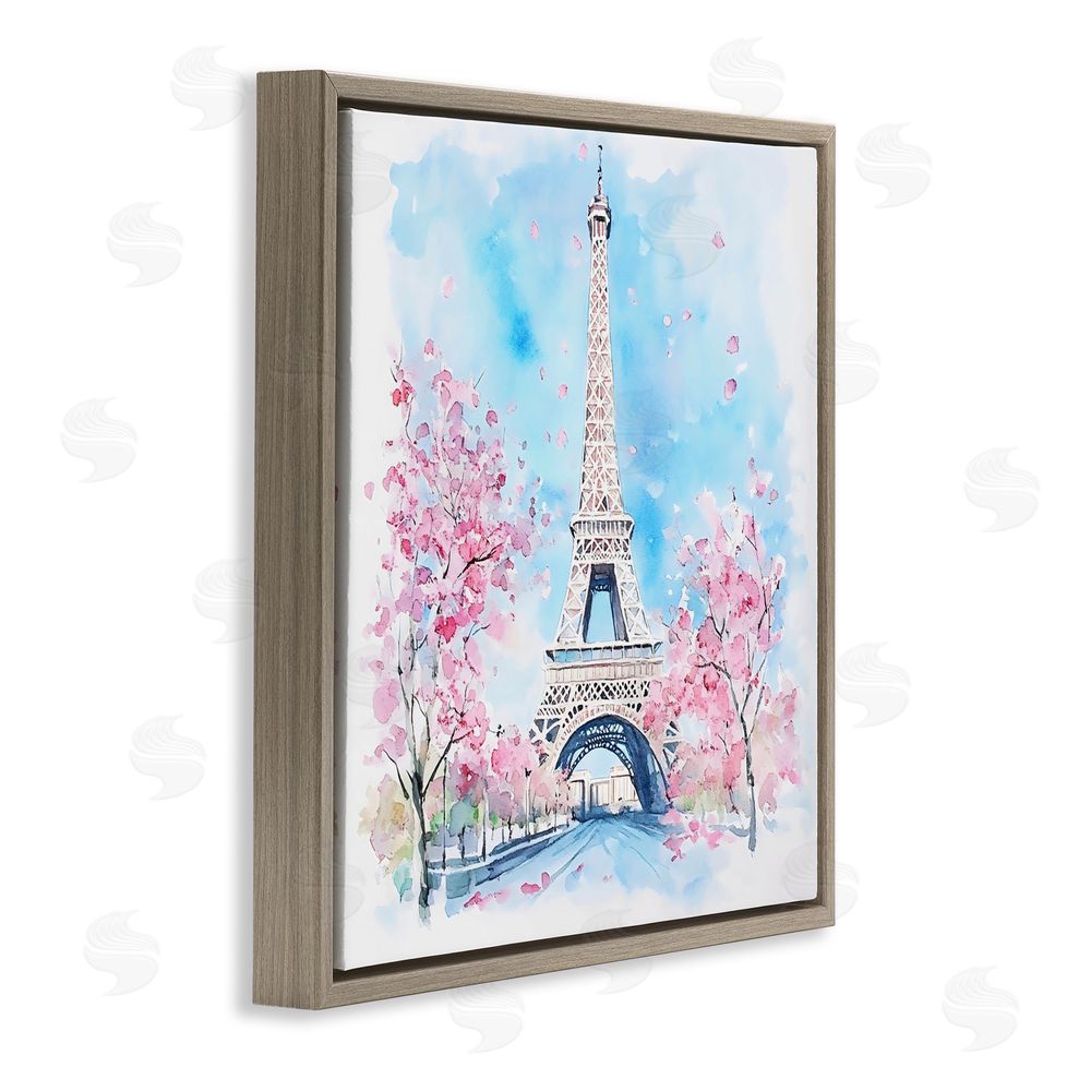 Creative Studio Eiffel Tower Cherry Blossoms Brown Floating Frame Canvas Wall Art