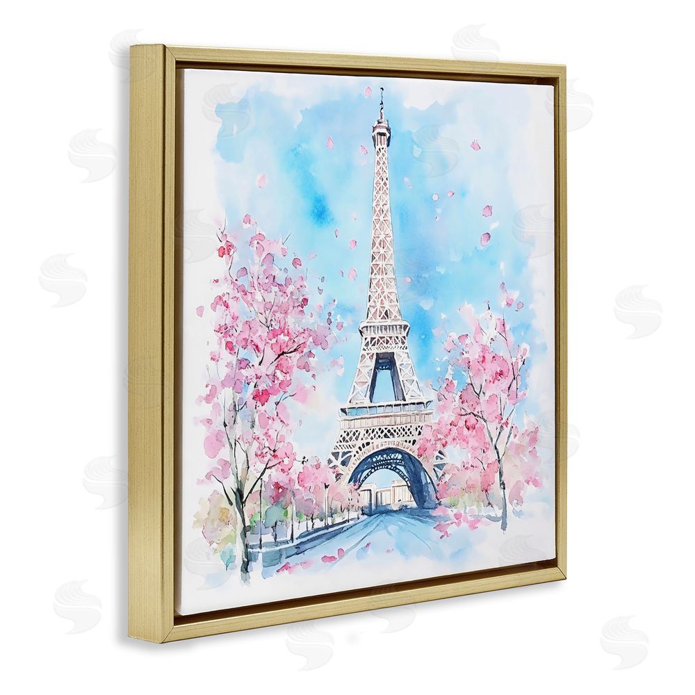 Creative Studio Eiffel Tower Cherry Blossoms Gold Floating Frame Canvas Wall Art