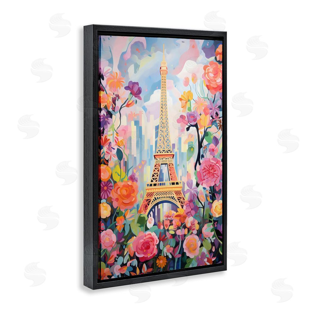 Creative Studio Eiffel Tower Surrounded By Florals Black Floating Frame Canvas Wall Art