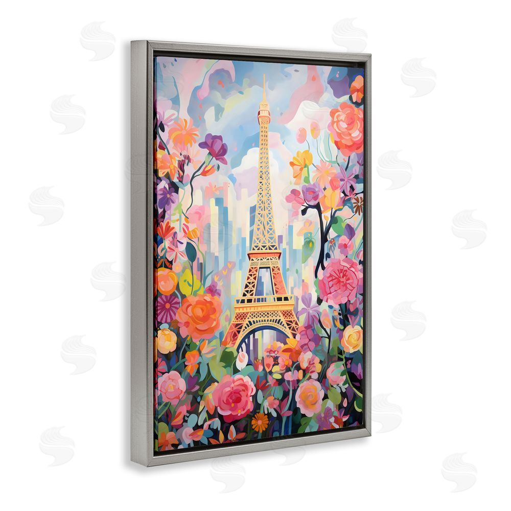 Creative Studio Eiffel Tower Surrounded By Florals Gray Floating Frame Canvas Wall Art