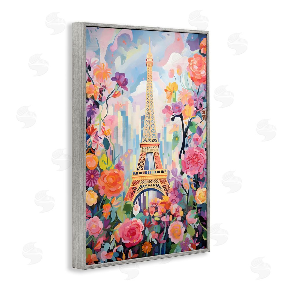 Creative Studio Eiffel Tower Surrounded By Florals Gray Framed Giclee Wall Art Print