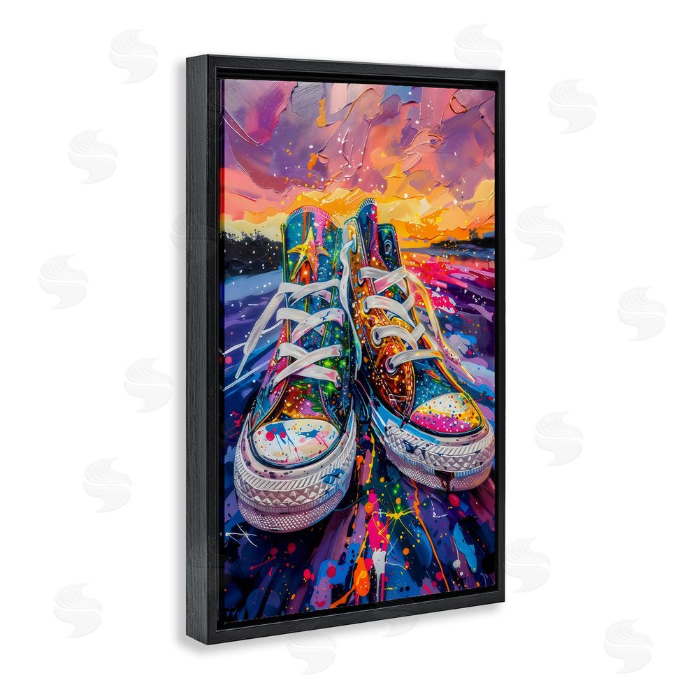 Creative Studio Vibrant Sneakers at Sunset Black Floating Frame Canvas Wall Art Print