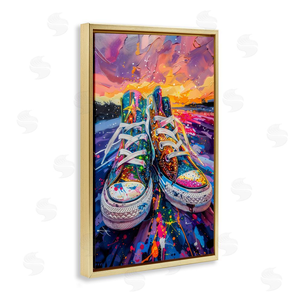 Creative Studio Vibrant Sneakers at Sunset Gold Floating Frame Canvas Wall Art Print
