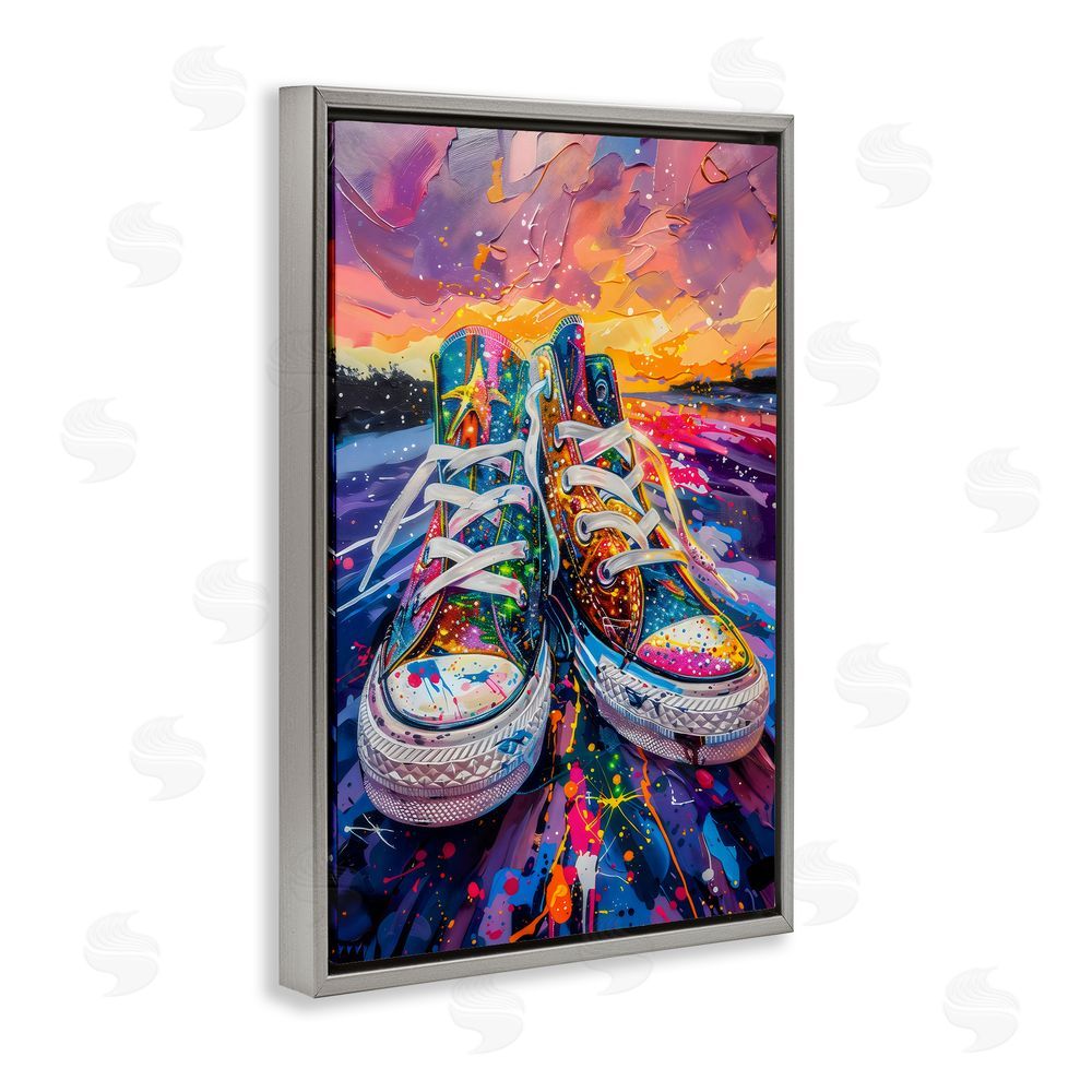 Creative Studio Vibrant Sneakers at Sunset Gray Floating Frame Canvas Wall Art Print