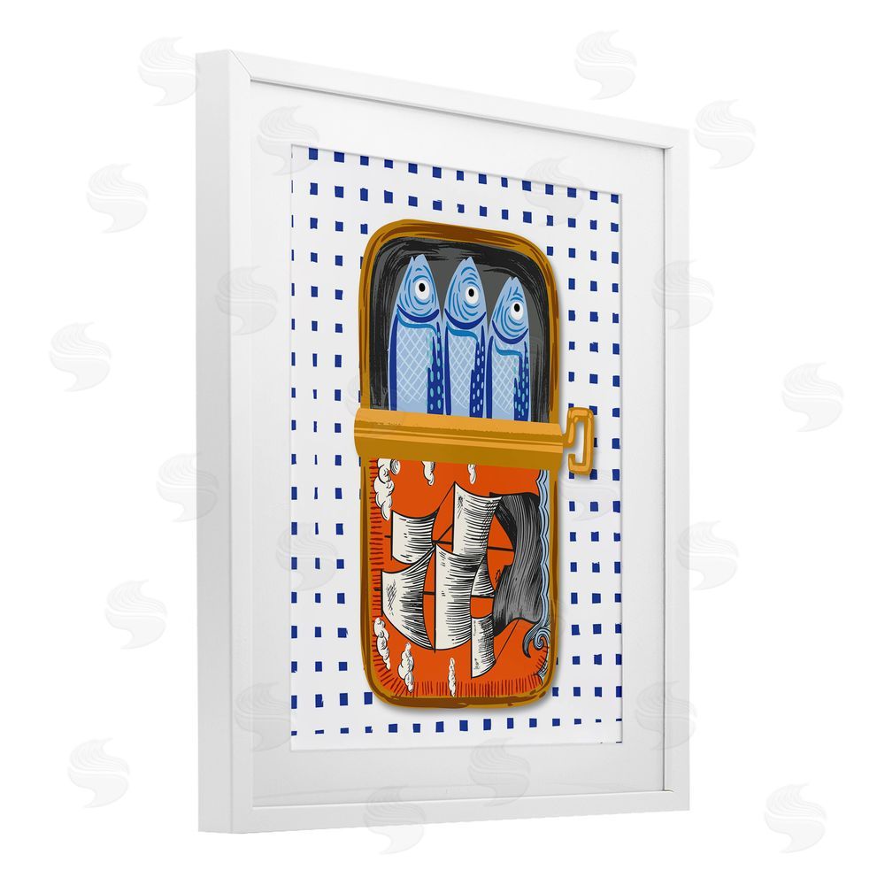 Arrolynn Weiderhold Retro Nautical Sardines Tin White Framed Print Under Glass Wall Art