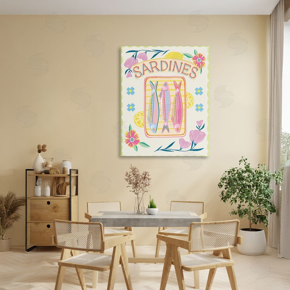 Jo Reid Pastel Sardines & Flowers Stretched Canvas Wall Art Print in Room