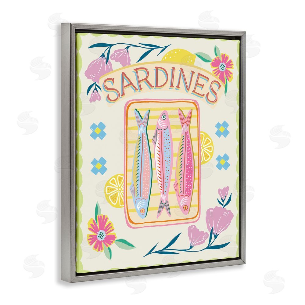 Jo Reid Pastel Sardines & Flowers Gray Floating Frame Canvas Wall Art Print