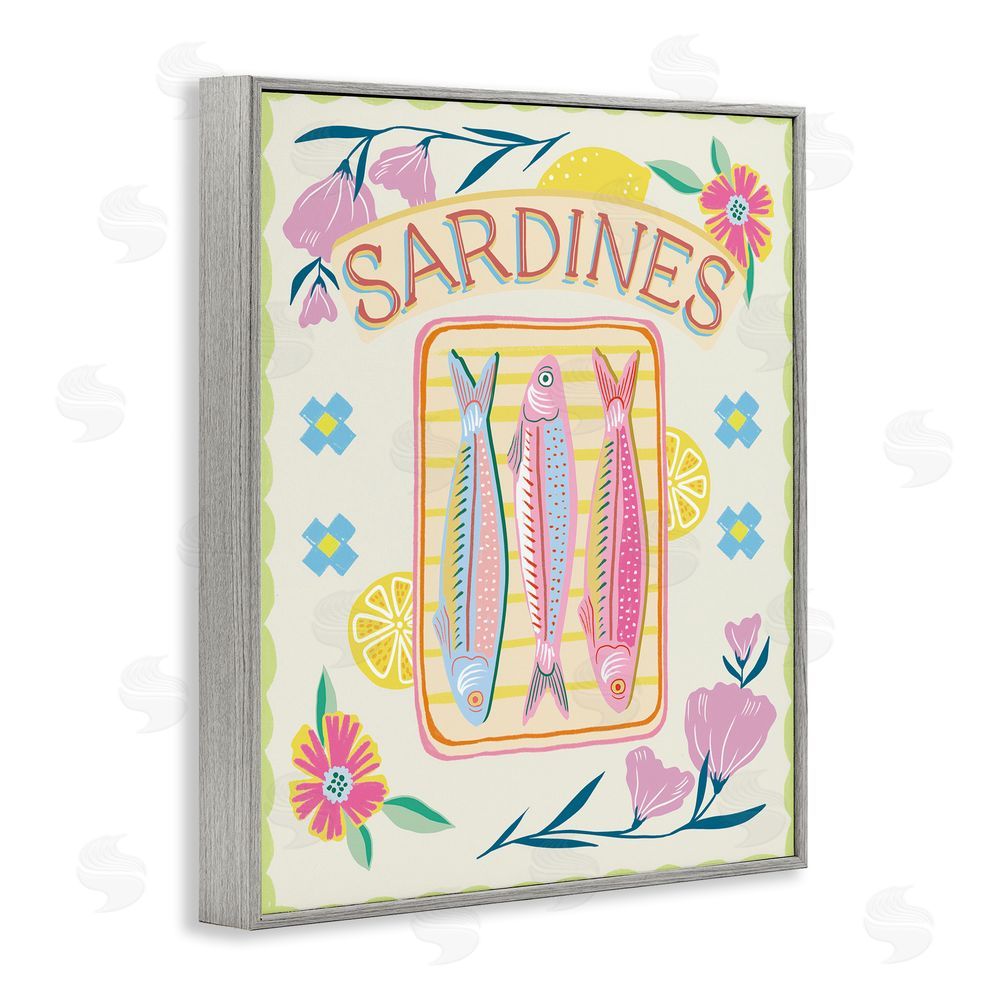 Jo Reid Pastel Sardines & Flowers Gray Framed Giclee Wall Art Print