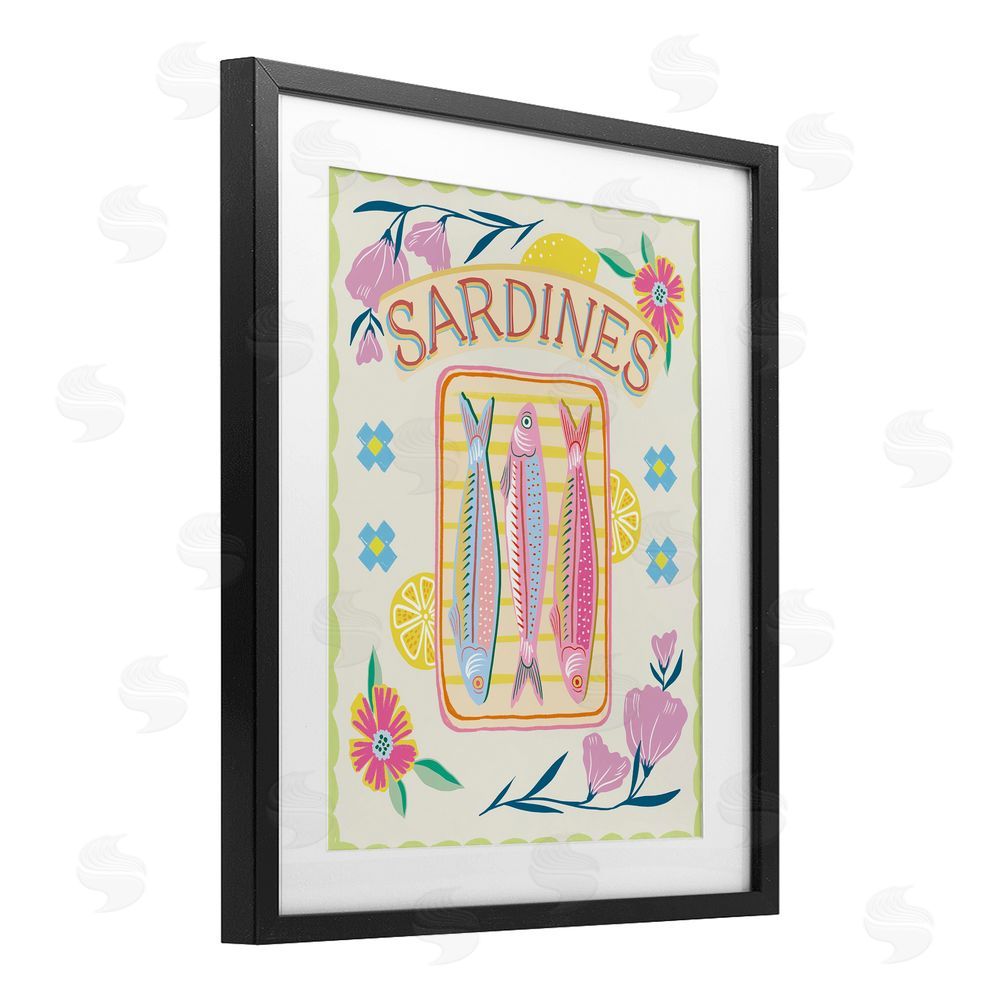 Jo Reid Pastel Sardines & Flowers Black Framed Print Under Glass Wall Art