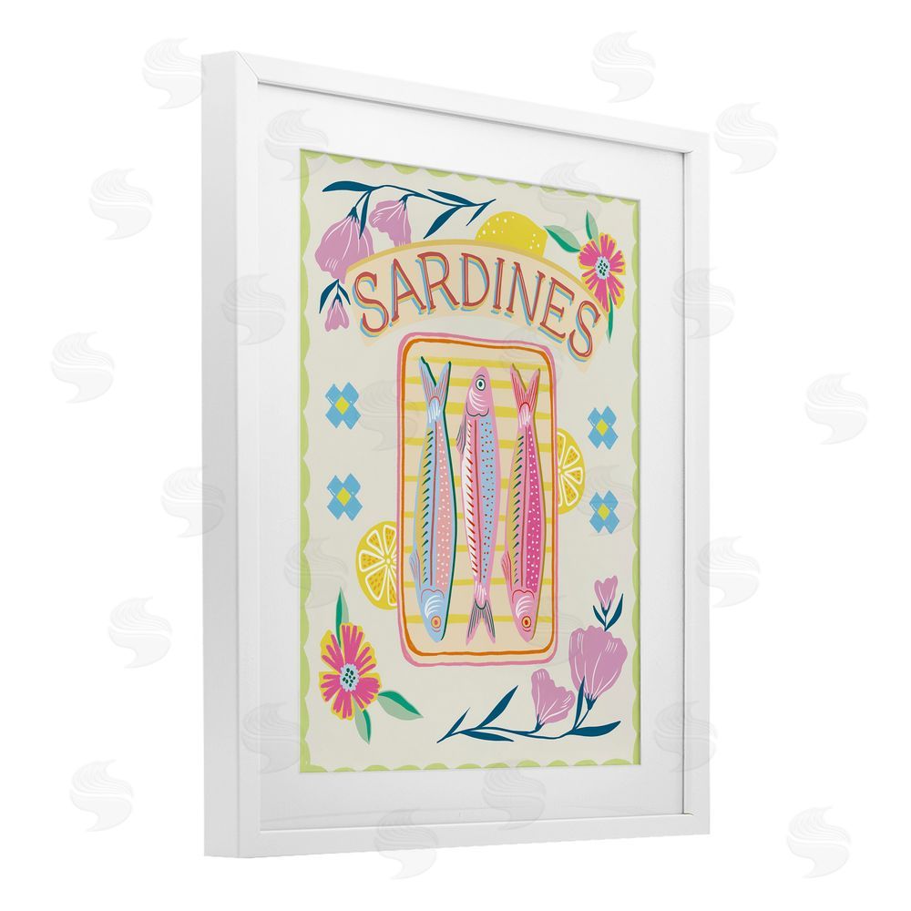 Jo Reid Pastel Sardines & Flowers White Framed Print Under Glass Wall Art