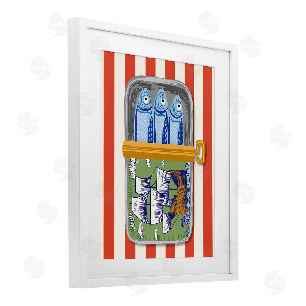Arrolynn Weiderhold Sardines with Antique Ship White Framed Print Under Glass Wall Art
