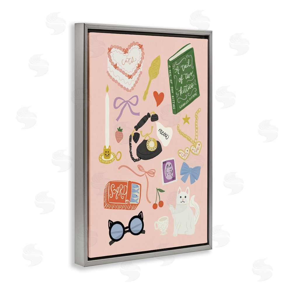 Amanda Houston Vintage Cat Lover Trinkets Gray Floating Frame Canvas Wall Art Print