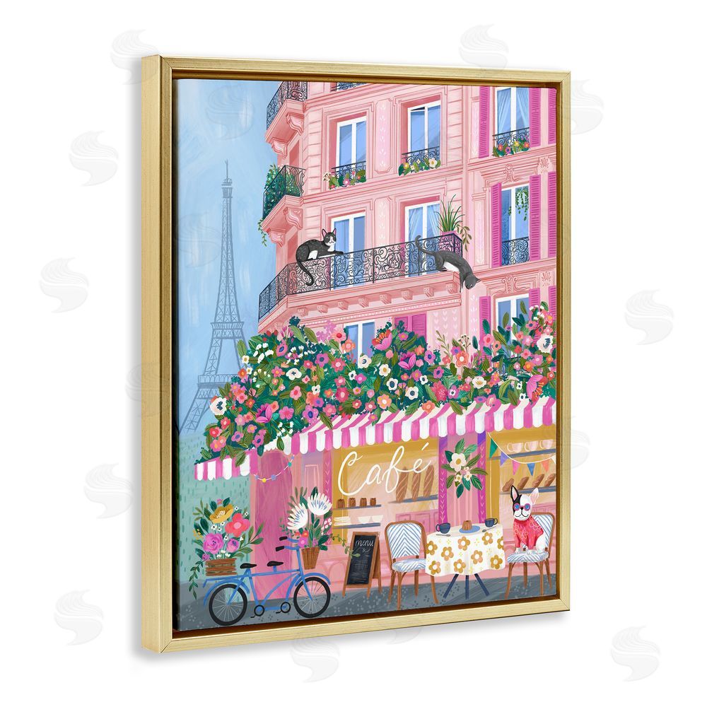 Arrolynn Weiderhold Cats on Cafe Balcony Gold Floating Frame Canvas Wall Art Print