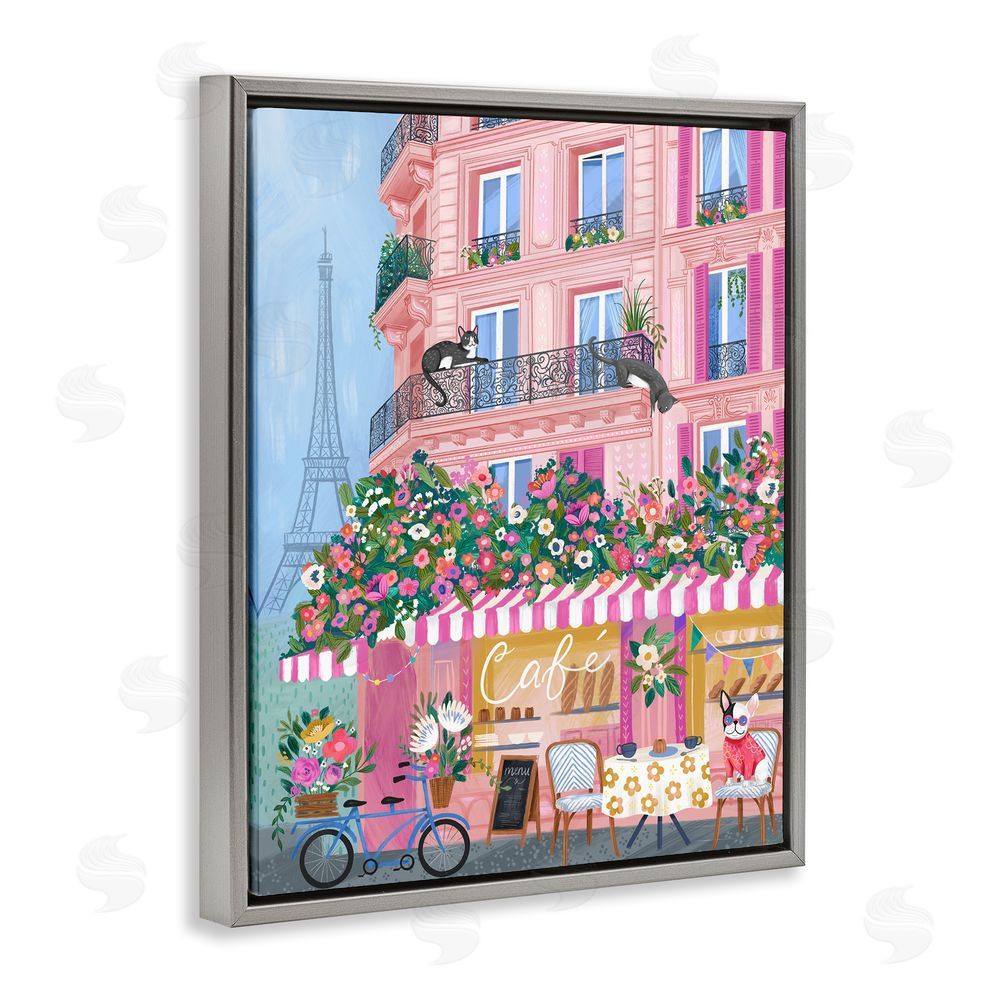 Arrolynn Weiderhold Cats on Cafe Balcony Gray Floating Frame Canvas Wall Art Print
