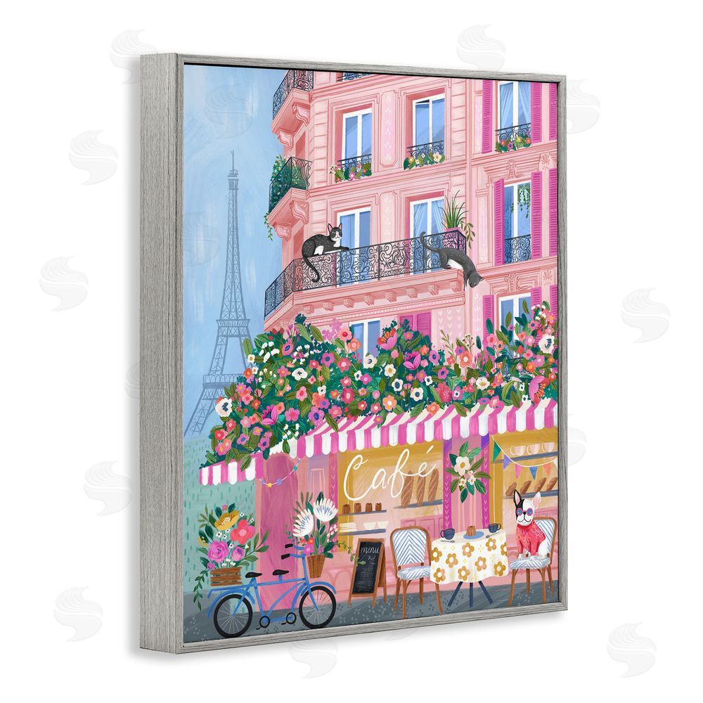 Arrolynn Weiderhold Cats on Cafe Balcony Gray Framed Giclee Wall Art Print