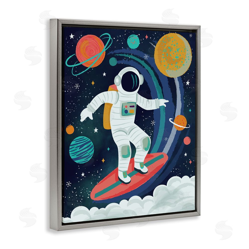 Lisa Perry Whitebutton Surfing Astronaut Beyond Space Gray Floating Frame Canvas Wall Art Print