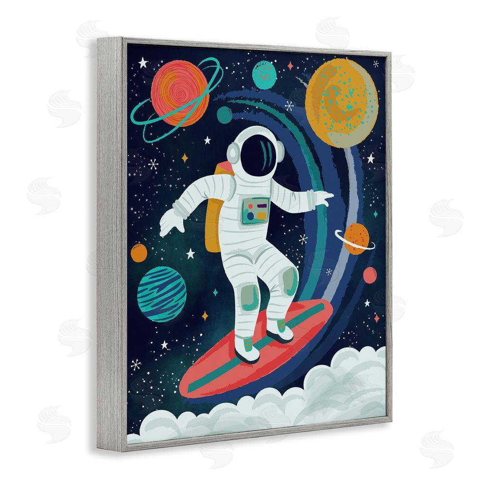 Lisa Perry Whitebutton Surfing Astronaut Beyond Space Gray Framed Giclee Wall Art Print