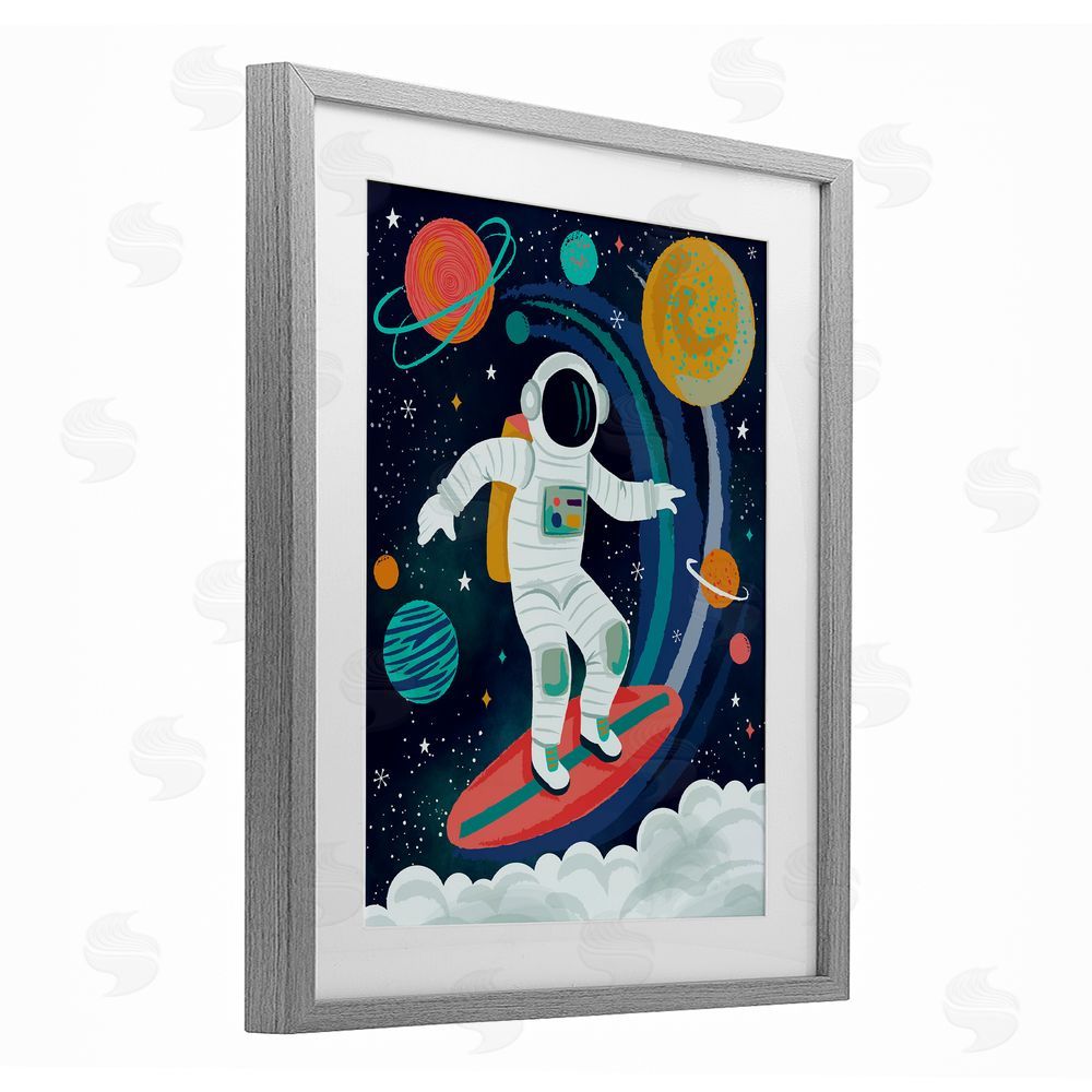 Lisa Perry Whitebutton Surfing Astronaut Beyond Space Gray Framed Print Under Glass Wall Art
