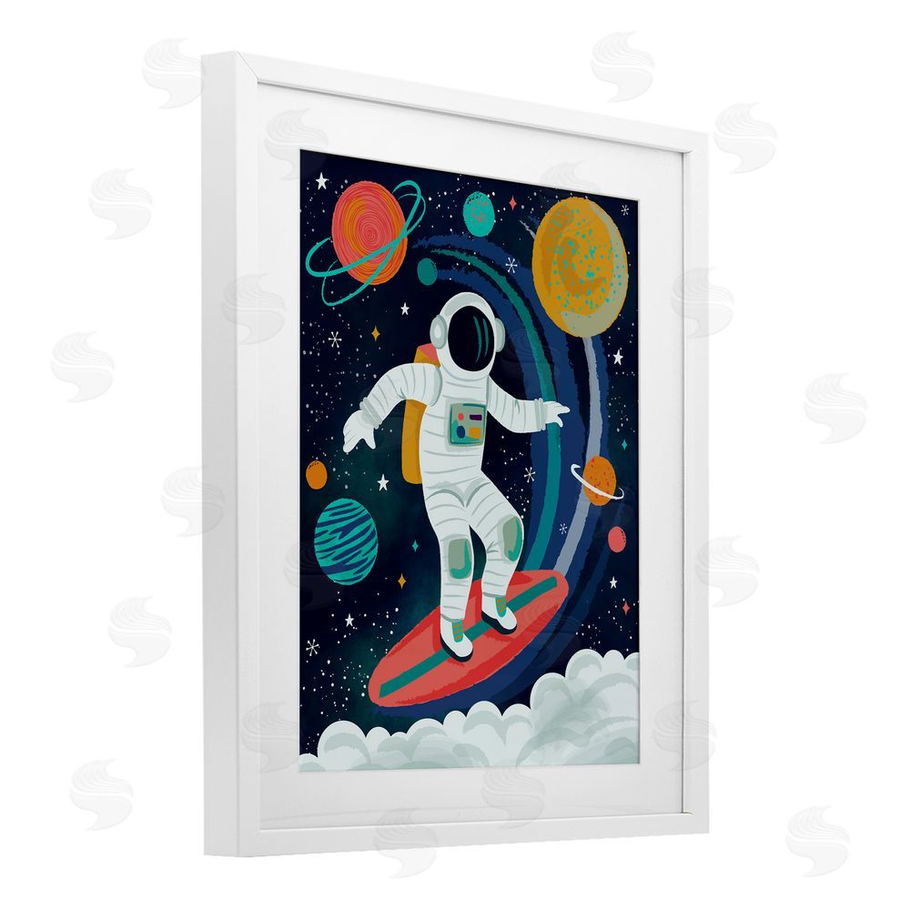 Lisa Perry Whitebutton Surfing Astronaut Beyond Space White Framed Print Under Glass Wall Art