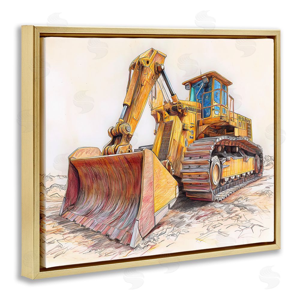 Steve Hunziker Industrial Bulldozer Drawing Gold Floating Frame Canvas Wall Art