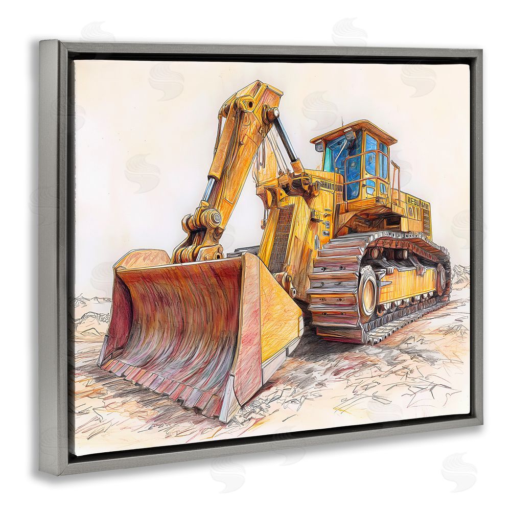 Steve Hunziker Industrial Bulldozer Drawing Gray Floating Frame Canvas Wall Art