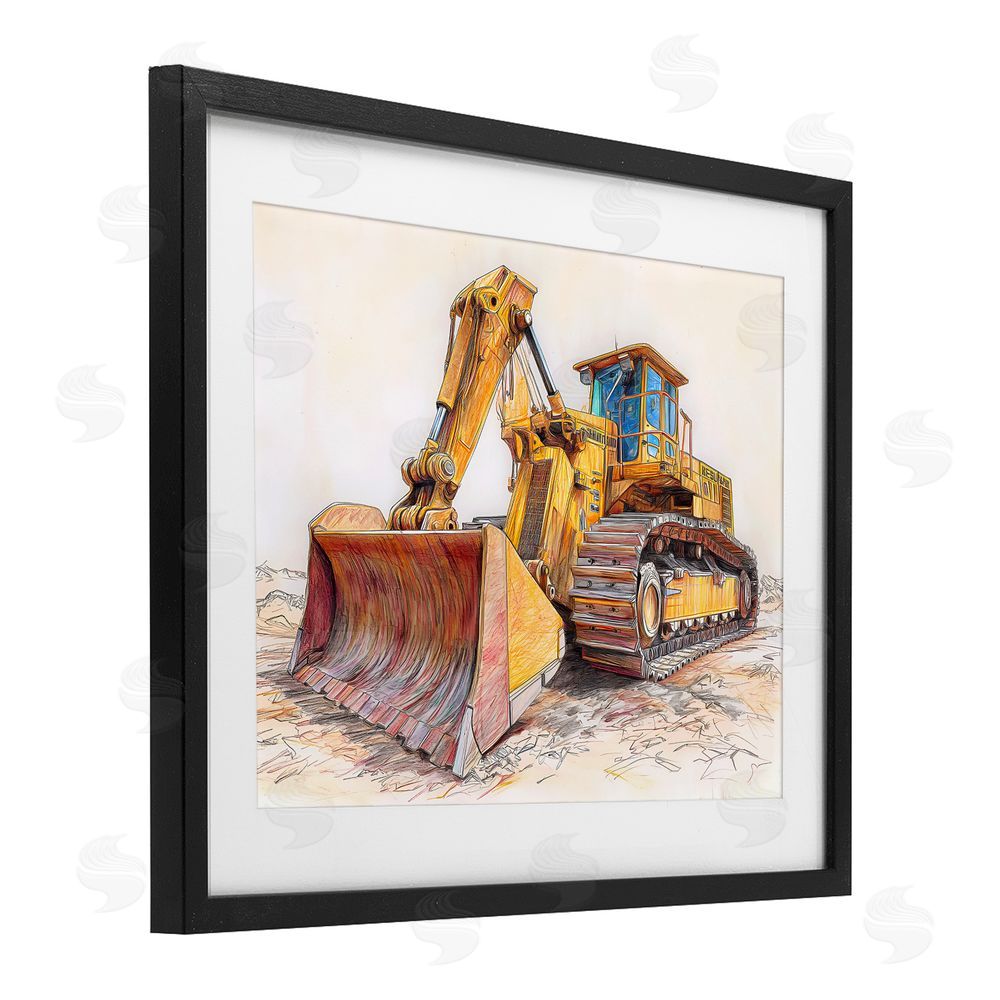 Steve Hunziker Industrial Bulldozer Drawing Black Framed Print Under Glass with Mat Wall Art