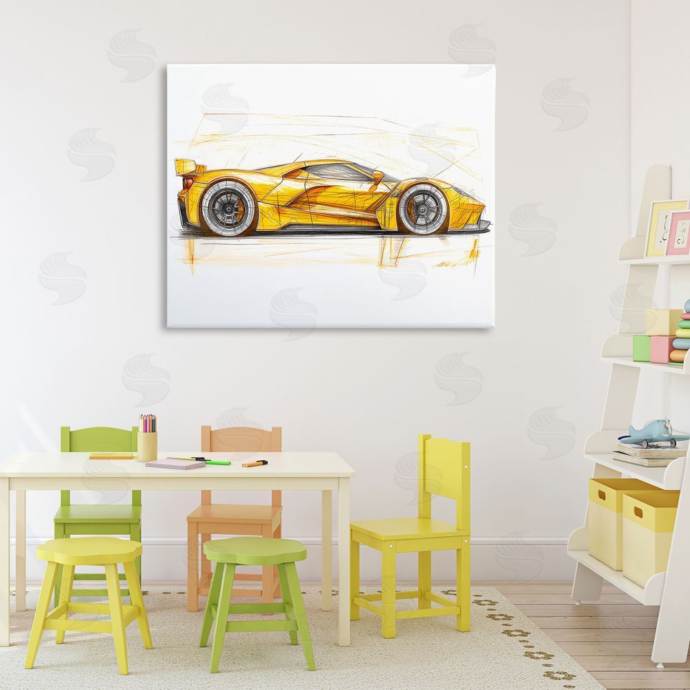 Steve Hunziker Yellow Sports Car Whimsicality Stretched Canvas Wall Art Print in Room