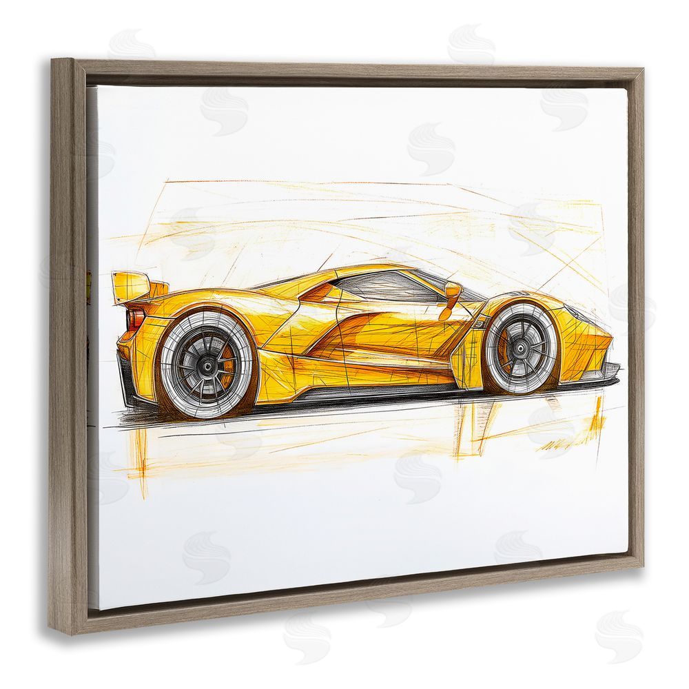 Steve Hunziker Yellow Sports Car Whimsicality Brown Floating Frame Canvas Wall Art Print