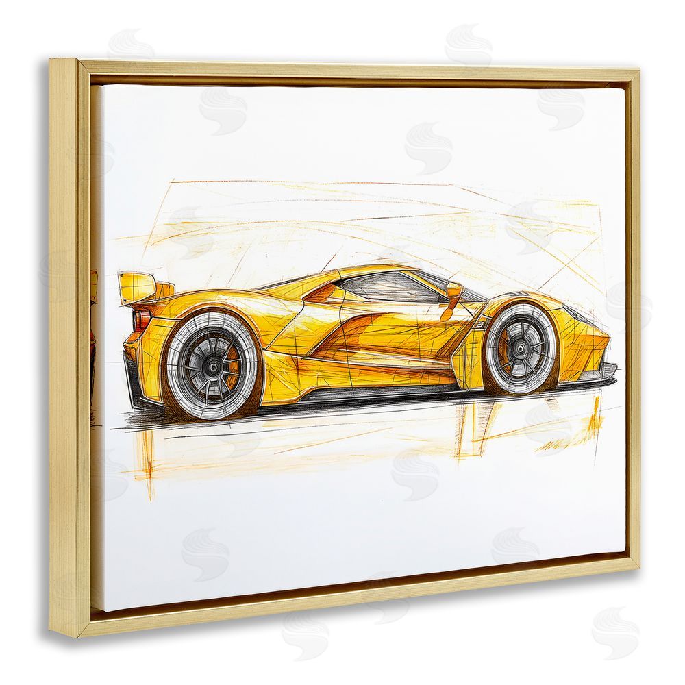 Steve Hunziker Yellow Sports Car Whimsicality Gold Floating Frame Canvas Wall Art Print