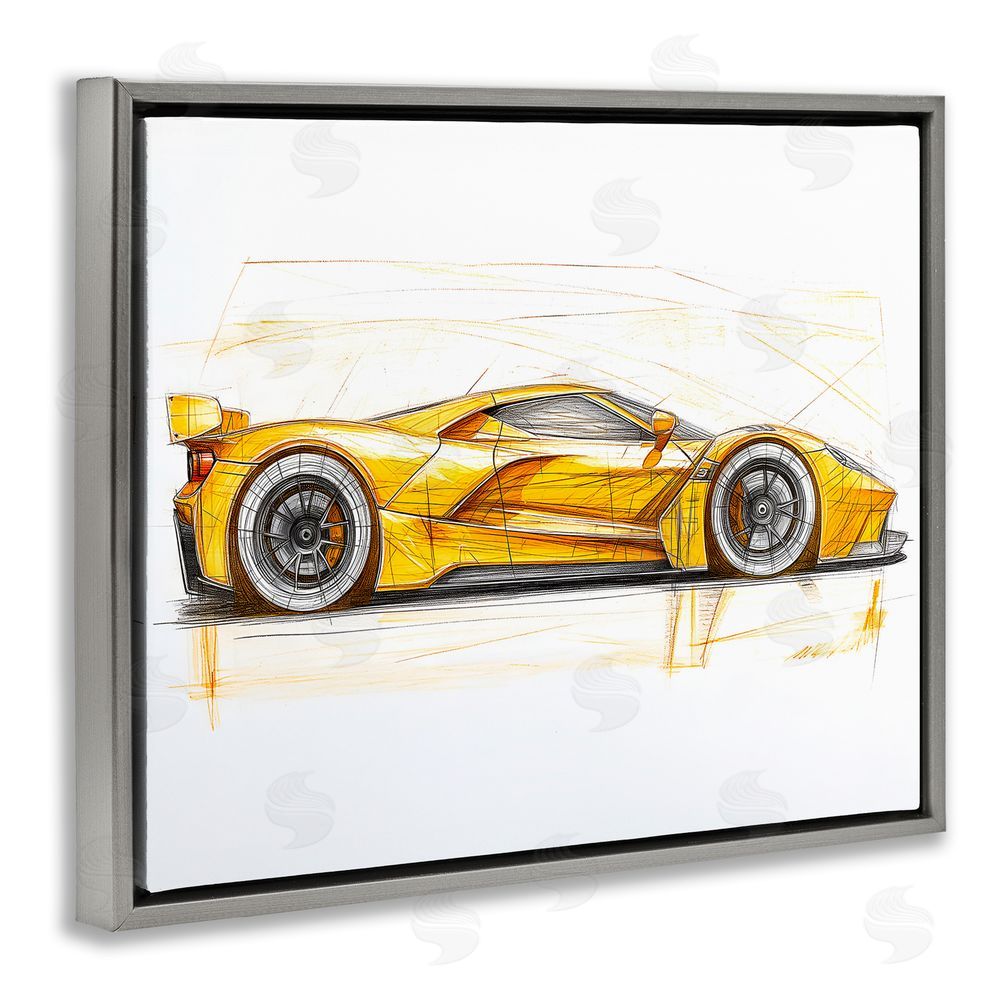 Steve Hunziker Yellow Sports Car Whimsicality Gray Floating Frame Canvas Wall Art Print