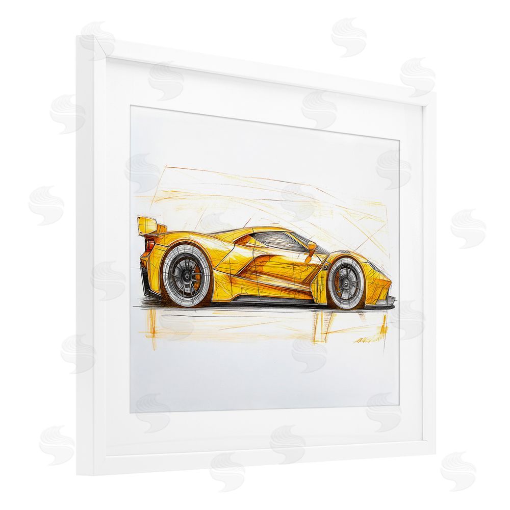 Steve Hunziker Yellow Sports Car Whimsicality White Framed Print Under Glass Wall Art