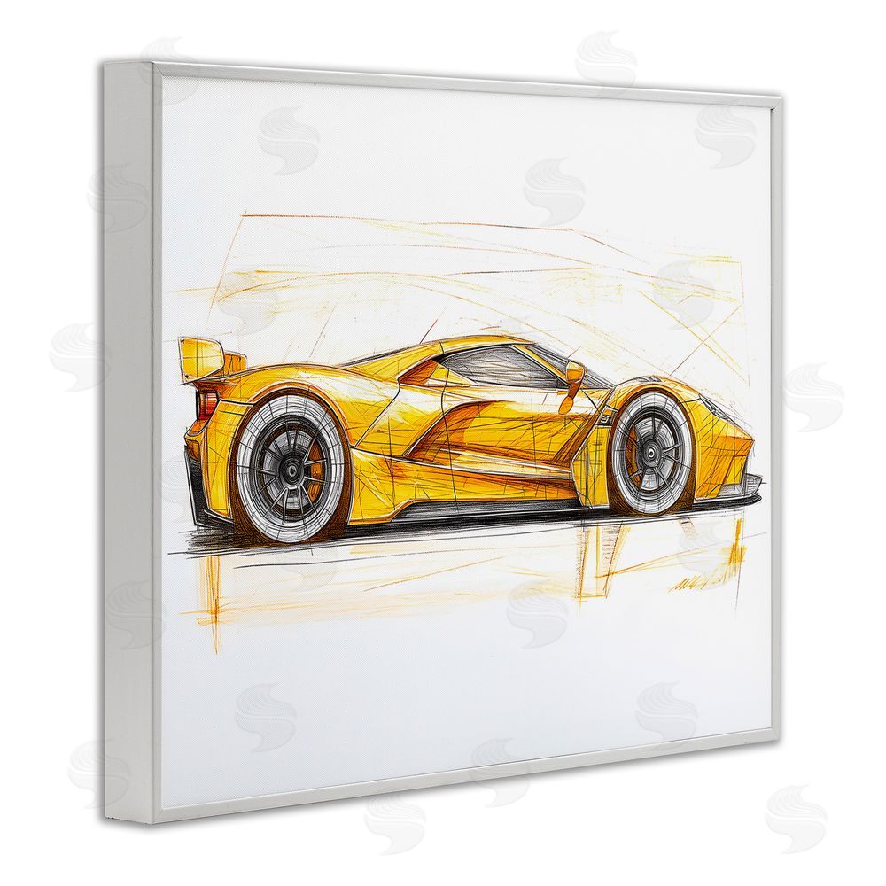 Steve Hunziker Yellow Sports Car Whimsicality White Framed Giclee Wall Art Print